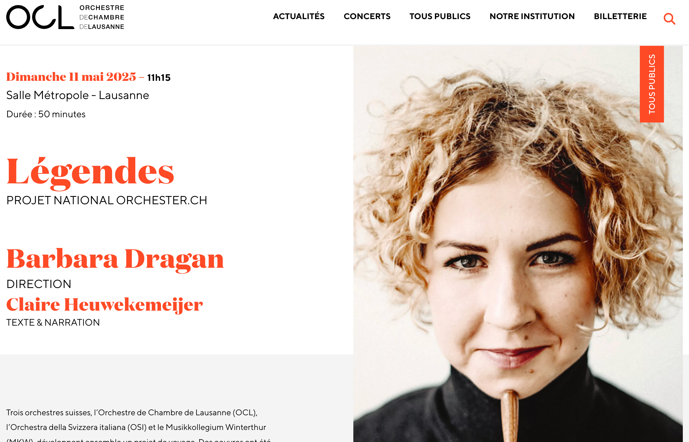 Promotional image for the concert 'Légendes' by Orchestre de Chambre de Lausanne on Sunday, May 11, 2025, at Salle Métropole in Lausanne. Featuring Barbara Dragan as conductor and Claire Heuwekemeijer for text and narration.